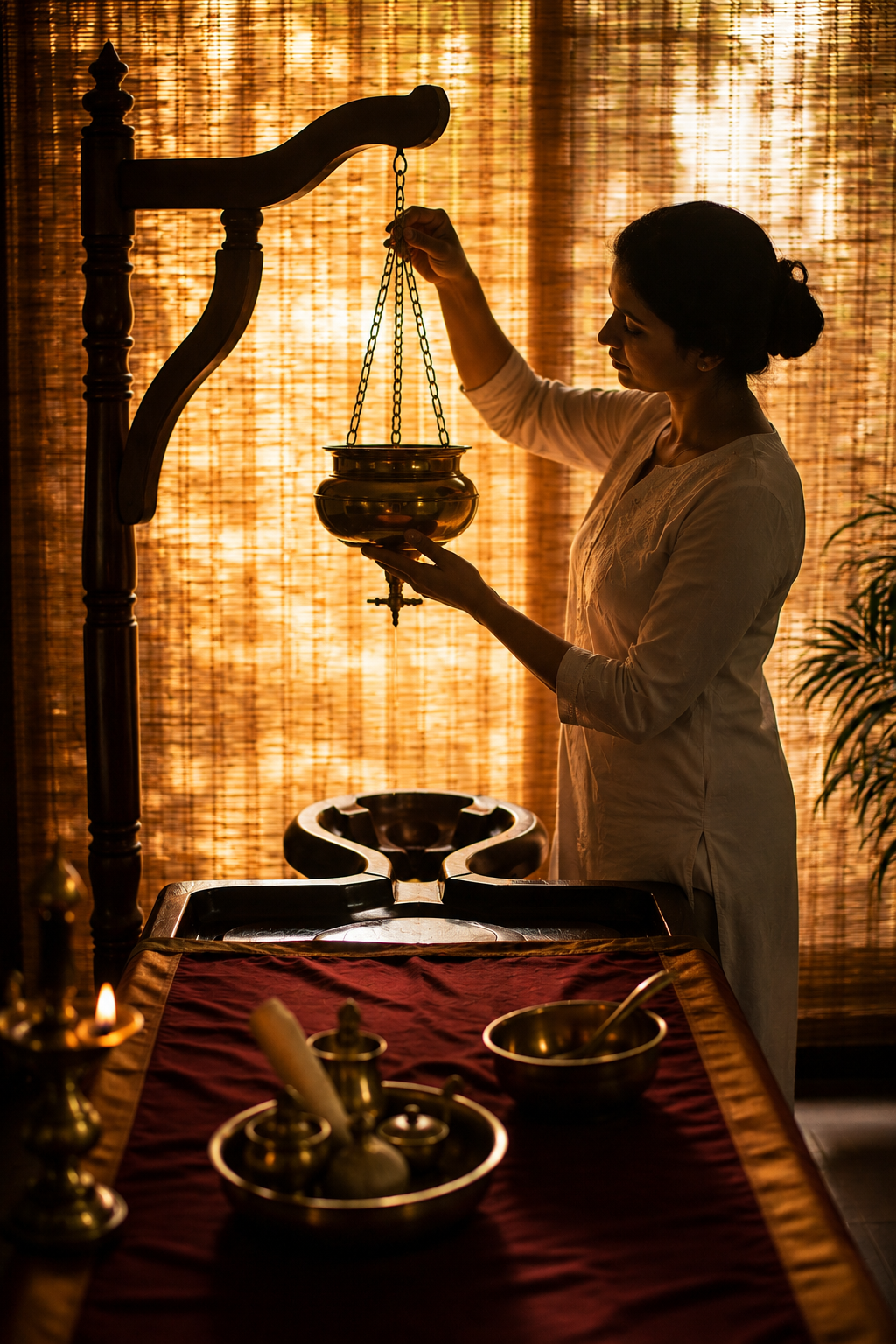 Ayurvedic practitioner preparing Shirodhara treatment with warm oil vessel
